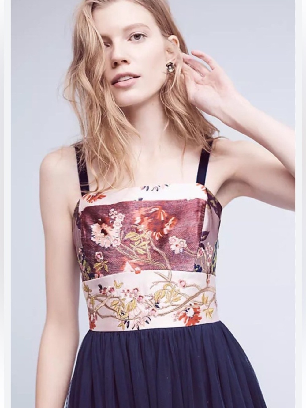 Anthropologie Floral Embroidered Bodice Navy Tulle Dress